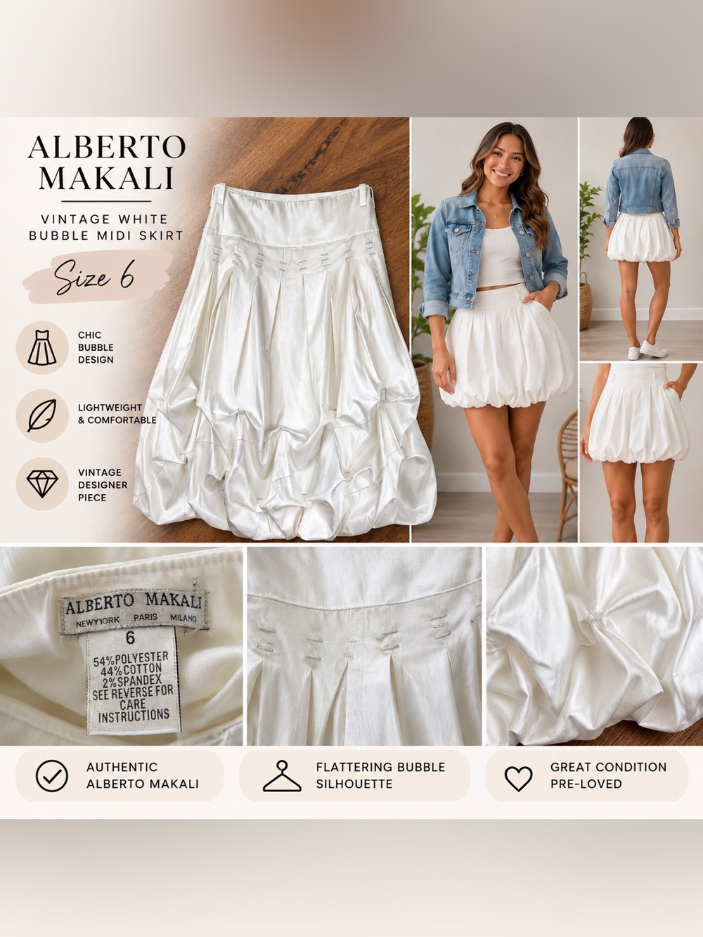 Alberto Makali Vintage White Bubble Midi Skirt Size 6
